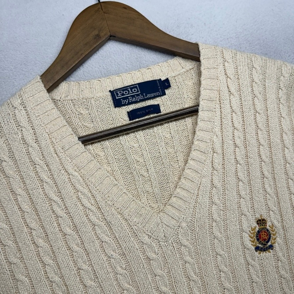Vintage Polo Ralph Lauren Sweater Women's large Large Cable Knit Crest 100% Silk